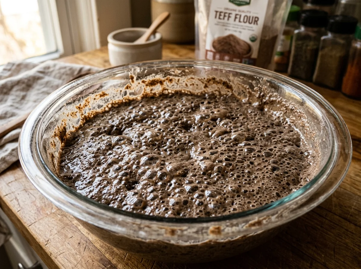 発酵中のテフ生地。表面に細かい気泡が見える