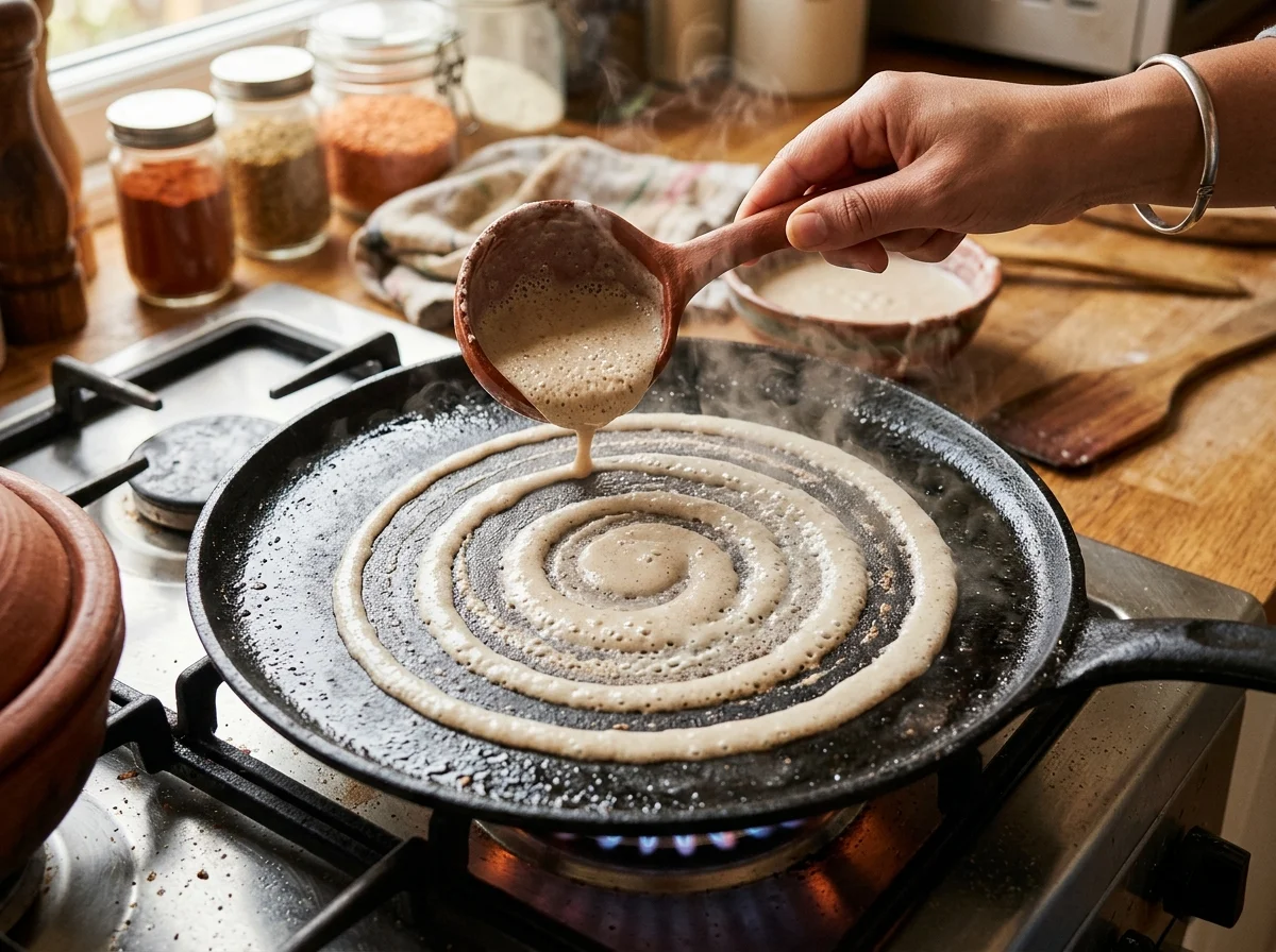 フライパンに薄く生地を螺旋状に流し入れている工程