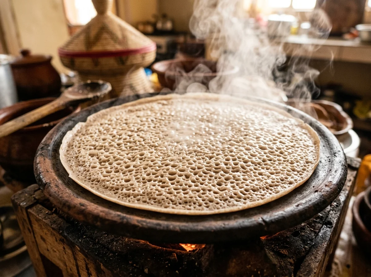 焼いているインジェラの表面に無数の気泡穴が形成されている様子