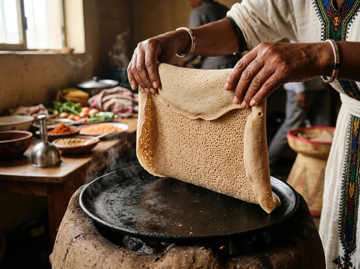 焼き上がったインジェラを丁寧に持ち上げている。裏面のスポンジ状の質感が見える