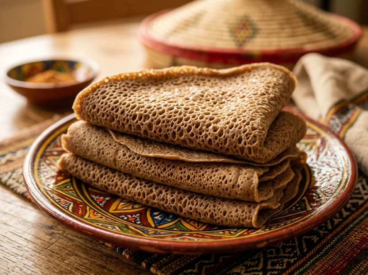 折りたたんで重ねたインジェラ。蜂の巣のようなスポンジ状の断面が見える