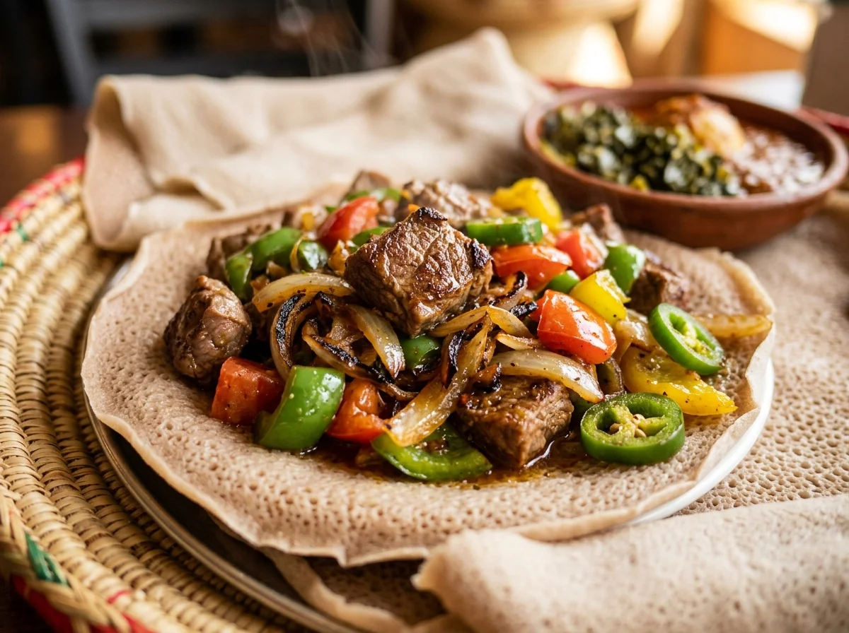エチオピアのティブス。インジェラの上にスパイシーに炒められた肉と野菜