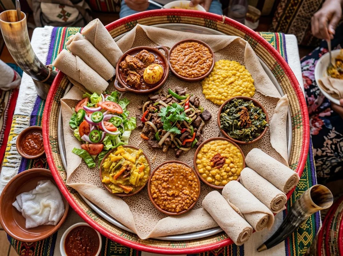 エチオピアの食事風景。大きな皿にインジェラとティブスなど複数のおかずが盛られている