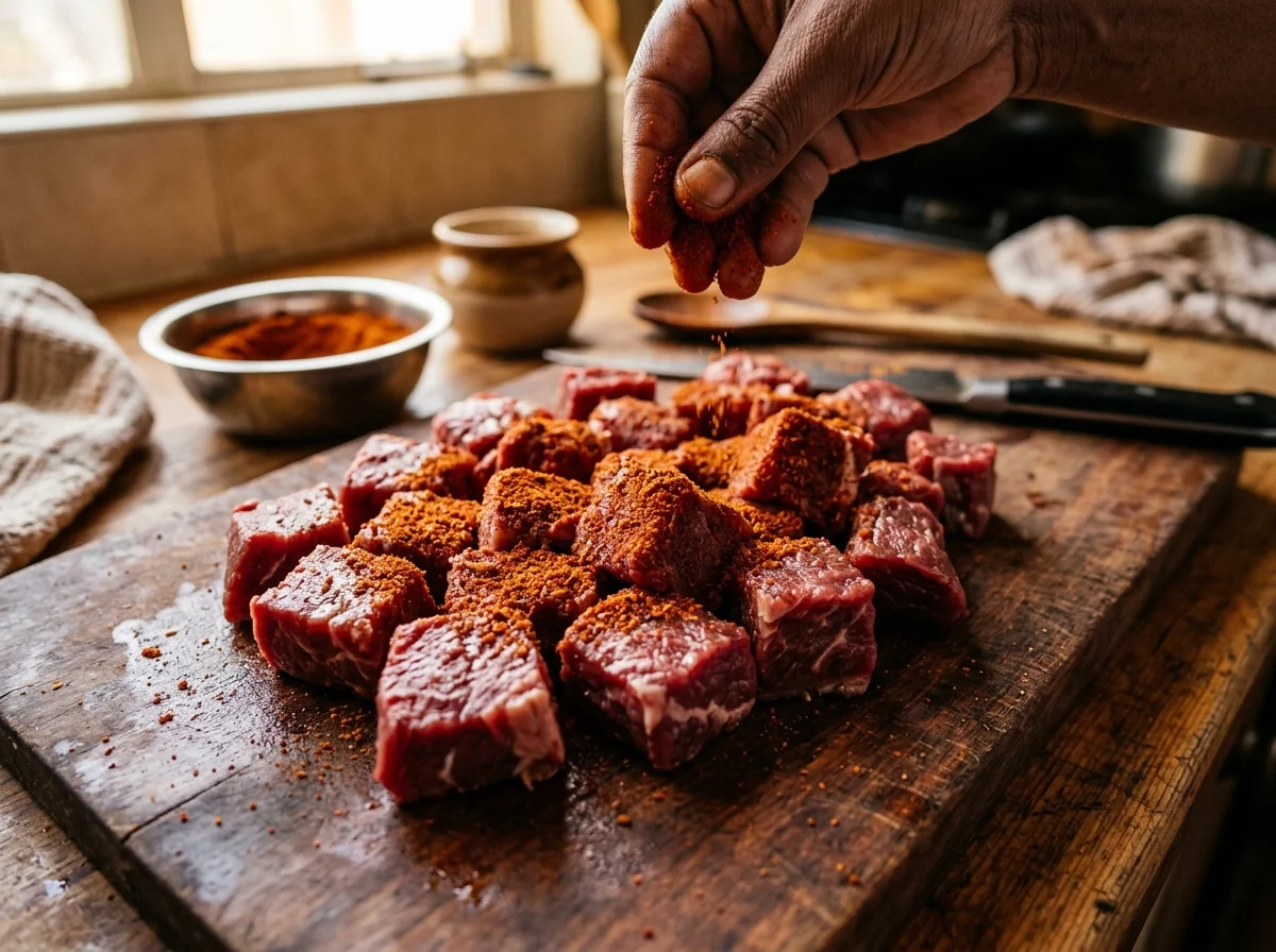 手順1: 牛もも肉500gを2cm角に切り、ベルベレスパイス大さじ1、塩小さじ1/2、黒こしょう小さじ1/4をまぶして15分置く