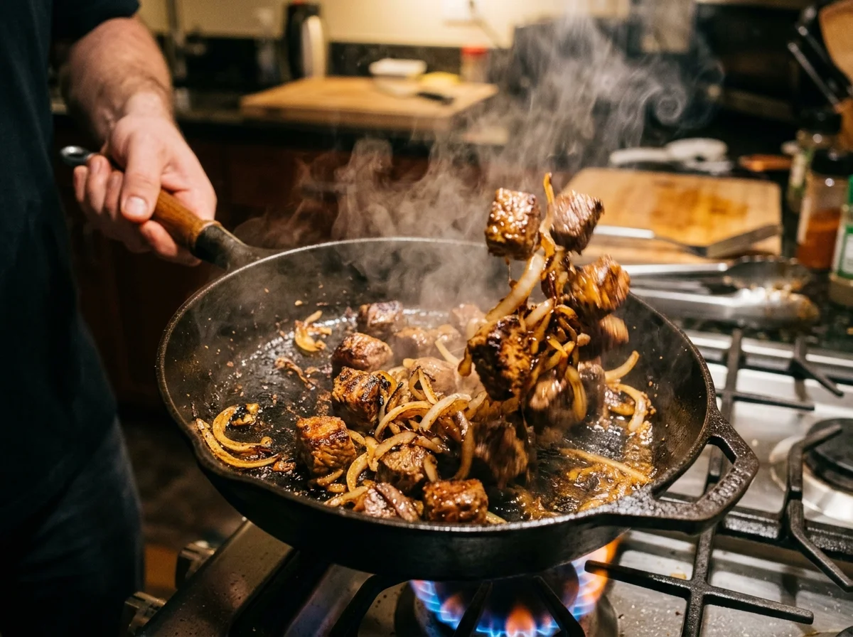 手順2: 大きなスキレットまたは鉄鍋にニテル・キベ(またはバター)大さじ3を強火で熱し、肉を入れて表面に焼き色をつける(2〜3分、動かさない)。焼き色がついたら裏返し、もう1〜2分焼いて一旦取り出す