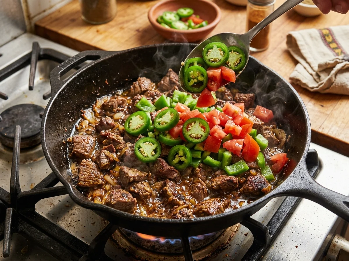 手順3: 同じ鍋に玉ねぎのくし切りを入れ、中火で3〜4分炒める。にんにくと生姜のみじん切りを加えてさらに1分炒め、ハラペーニョの薄切りとパプリカ(赤・緑)を加えて2分炒める