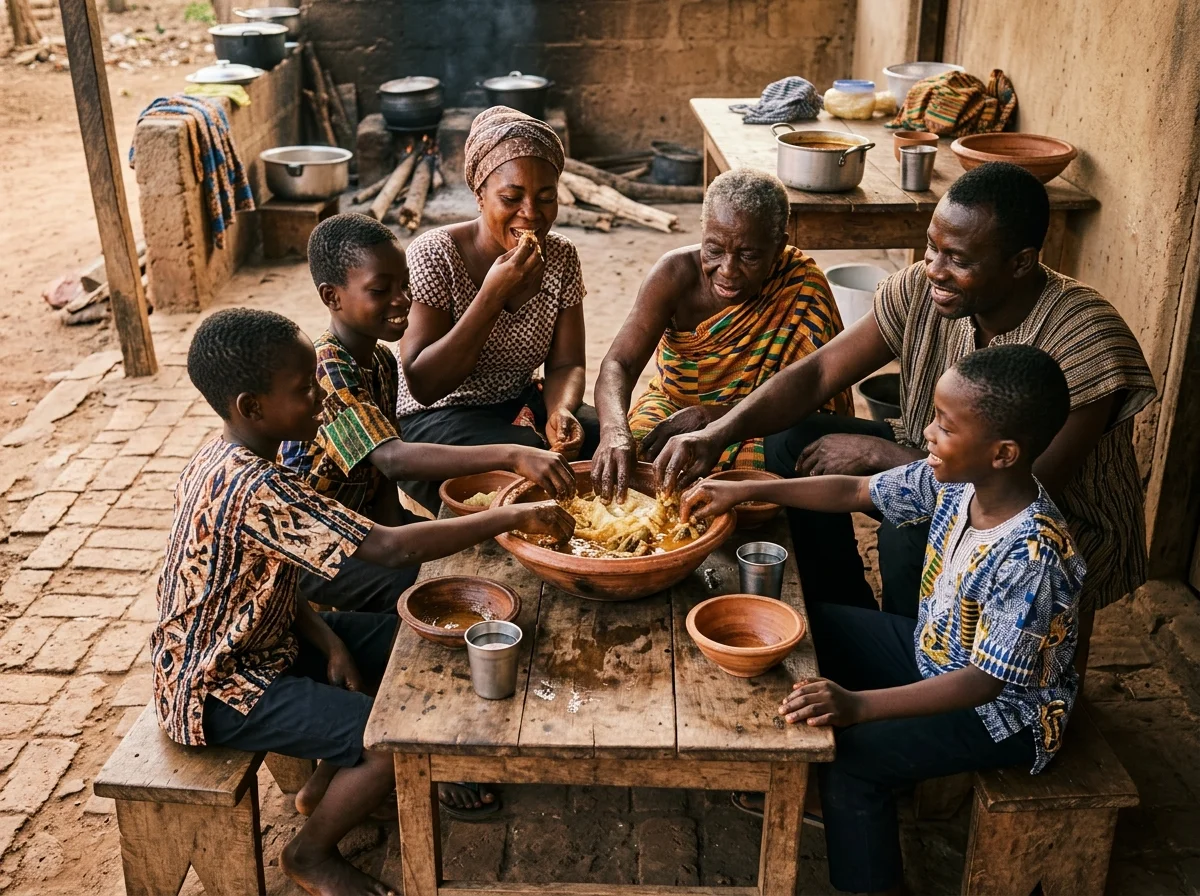 ガーナの家族がフフを囲んで食事をしている。共有の大皿からフフを取り分けている