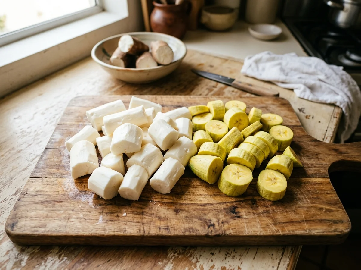 キャッサバとプランテンの下ごしらえ。皮をむいて一口大に切った白いキャッサバと黄緑色のプランテン