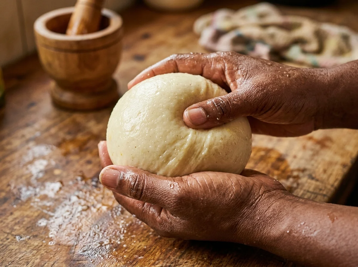 手順4: スープを仕上げる（25分） — トマトペーストを加えてなじませ、ミキサーにかけたトマトベースを全量投入する。マギーブイヨン、プレカーゼ（または干しエビ粉）、残りの玉ねぎ（くし切り）を加える。中火で20分煮込み、最後に塩で味を調える。仕上げにオクラを斜め切りにして加え、3分だけ煮る。