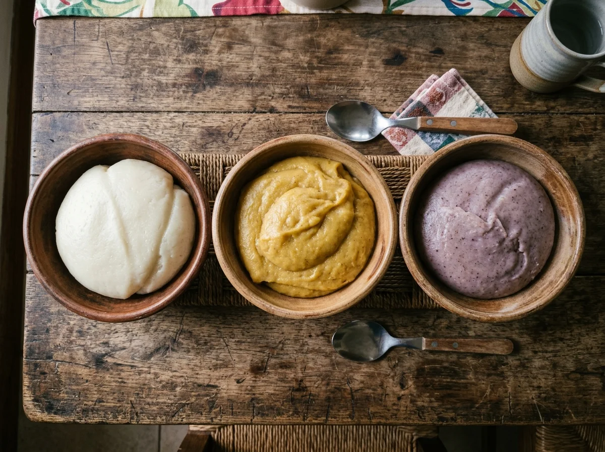 さまざまな種類のフフを並べた比較写真。白いキャッサバフフ、黄色いプランテンフフ、紫がかったコーコーヤムフフ