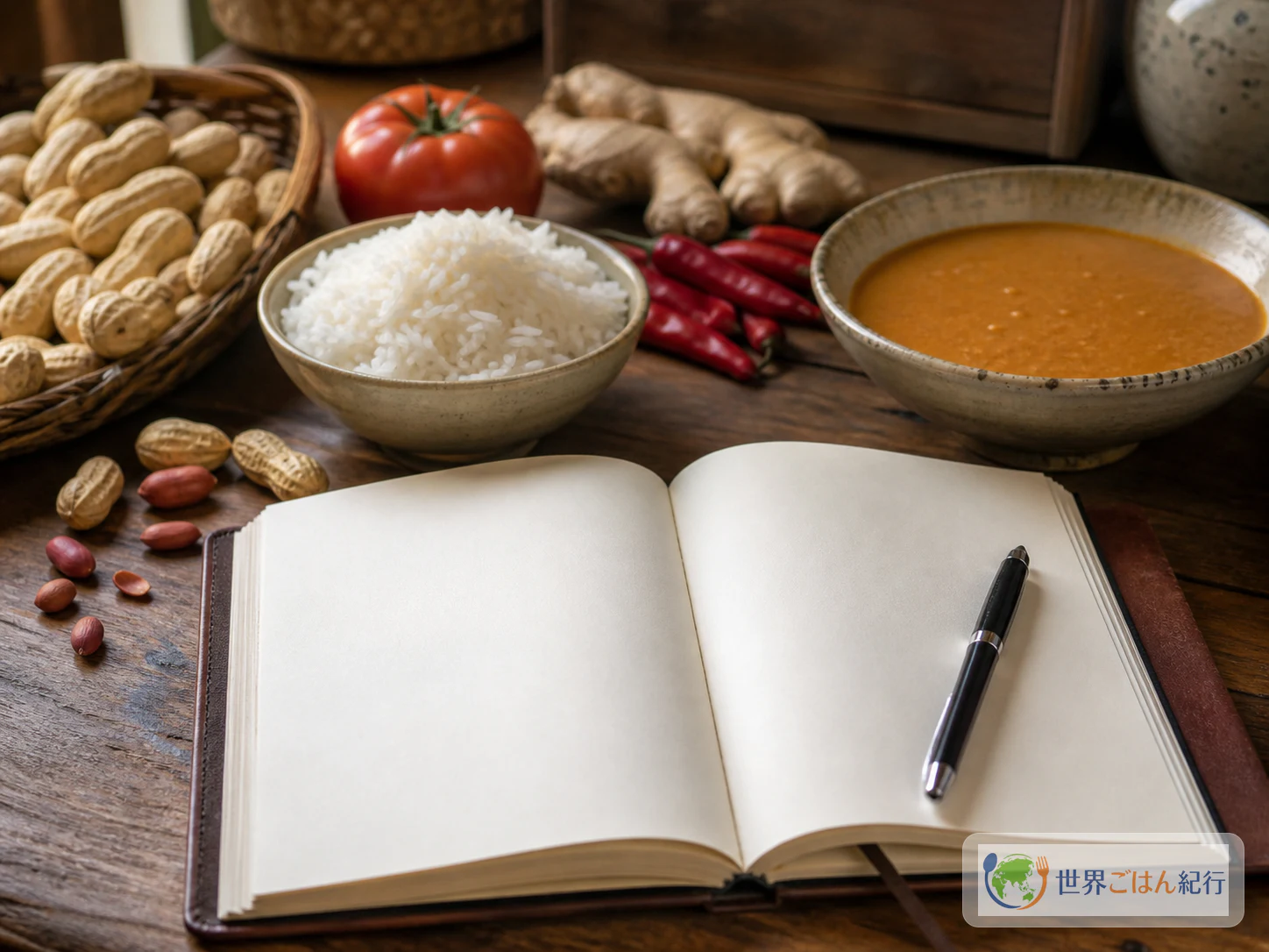 Carnet servant à consigner le contexte de la cuisine ghanéenne et les choix de cuisson, avec riz, tomates et arachides : nature morte