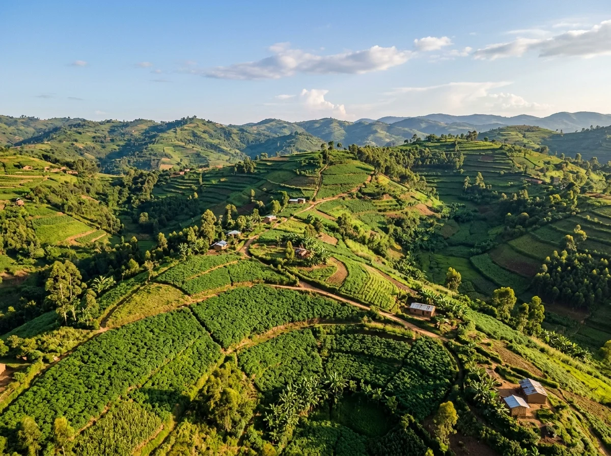 ルワンダの丘陵地帯に広がるキャッサバ畑の風景