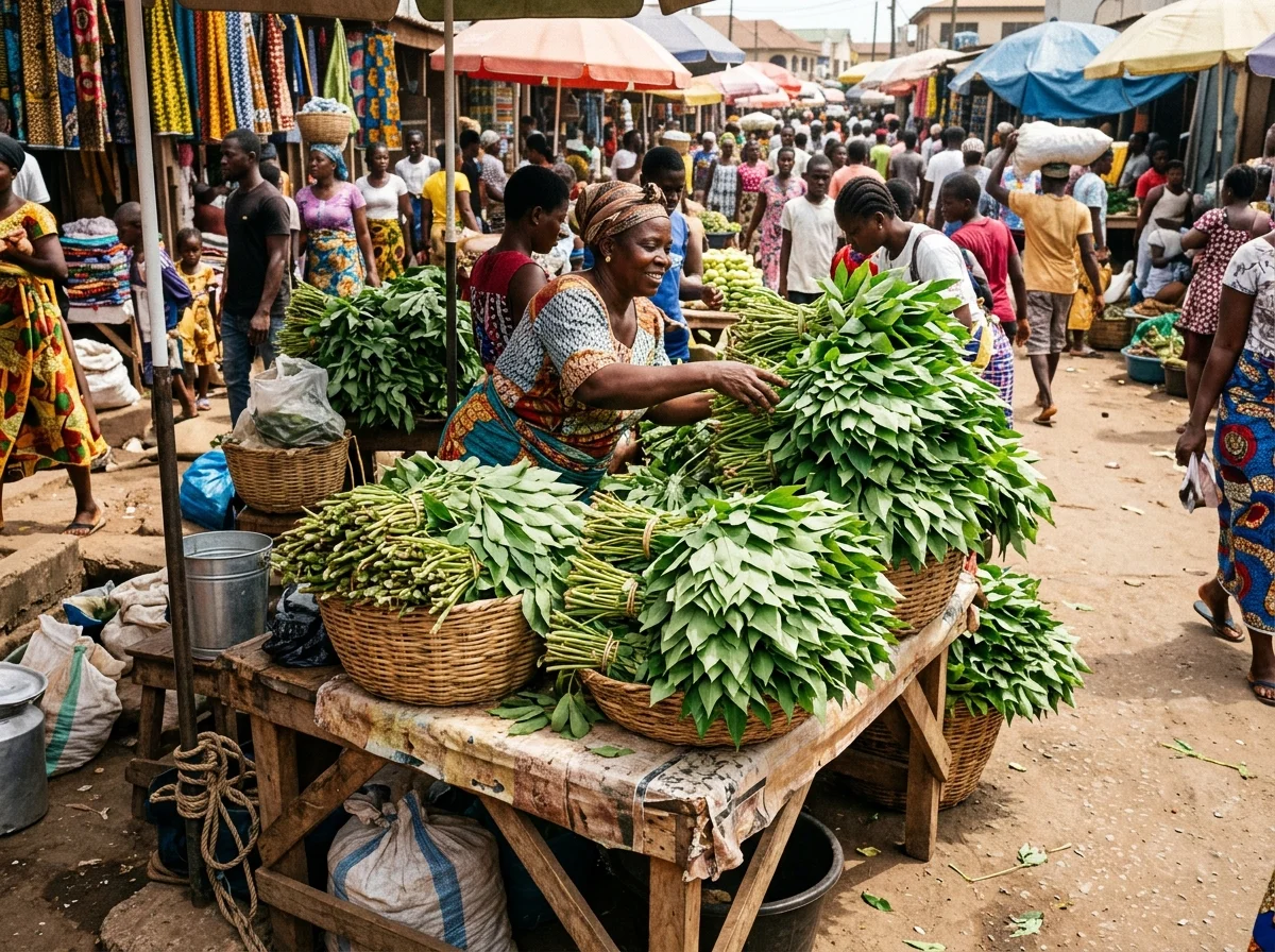 キガリの市場でキャッサバの葉を売る女性たち