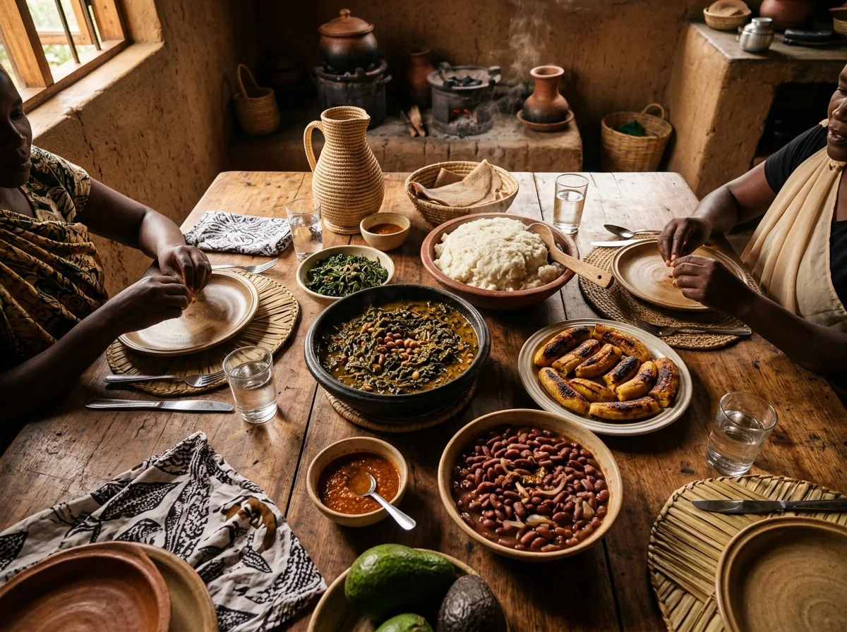 ルワンダの伝統的な食卓。イソンベを中心に、ウガリ、焼きバナナ、煮豆が並ぶ