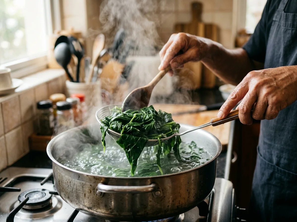 手順1: キャッサバの葉を下茹でする（20分）