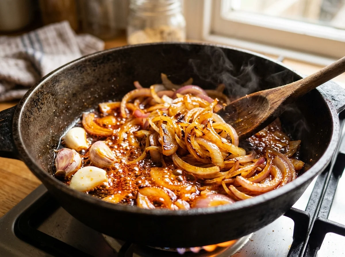 手順5: パームオイルで玉ねぎとにんにくを炒める（8分）