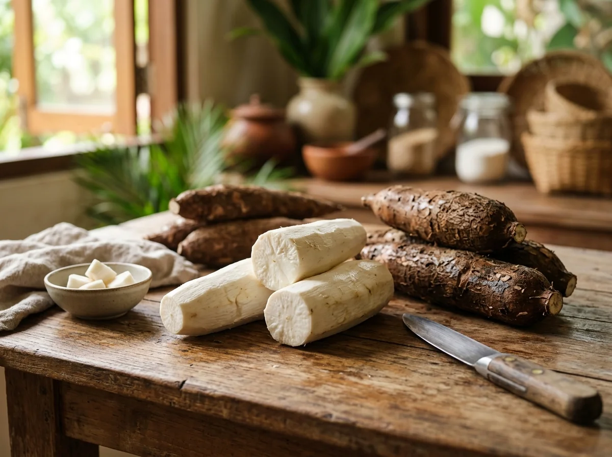 新鮮なキャッサバの根。白い断面と茶色い皮が見える