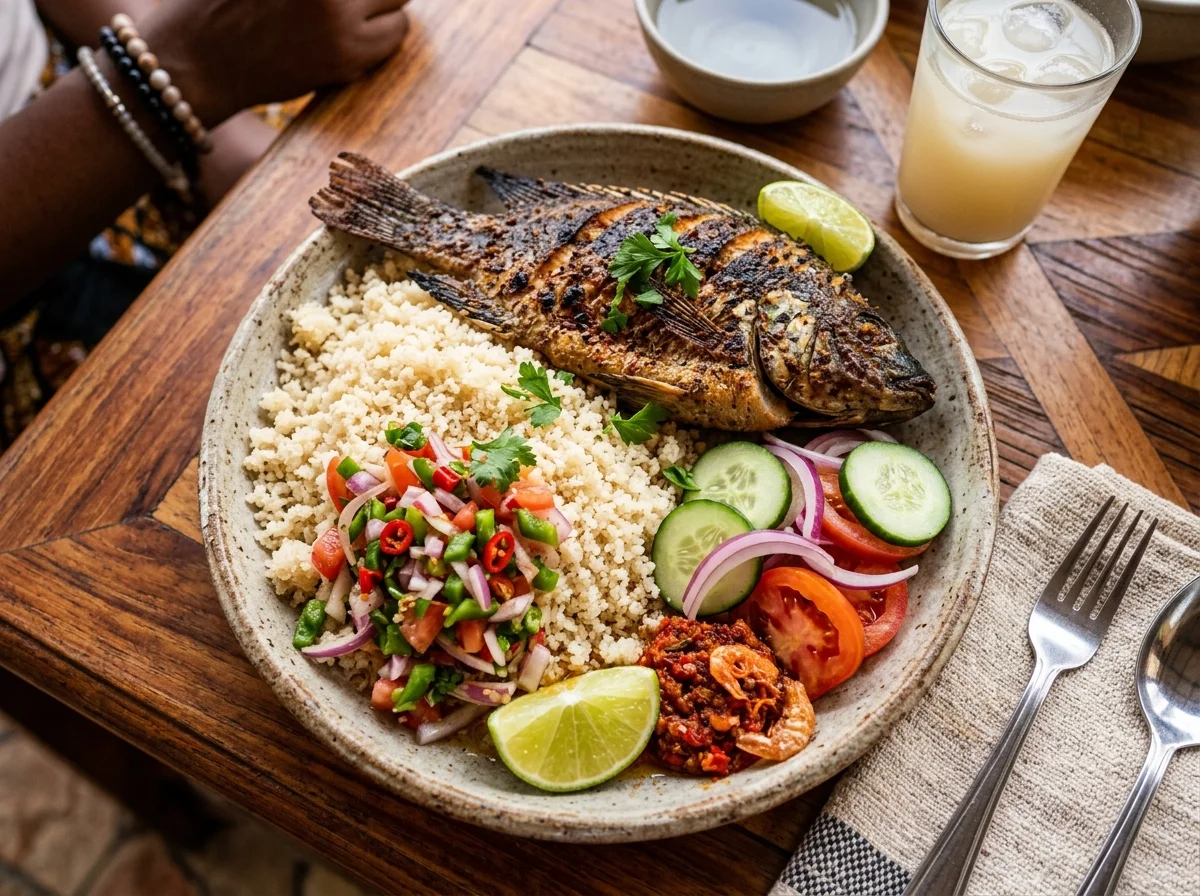 焼き魚と野菜サラダを添えたアチェケの完成プレート。色鮮やかな盛り付け