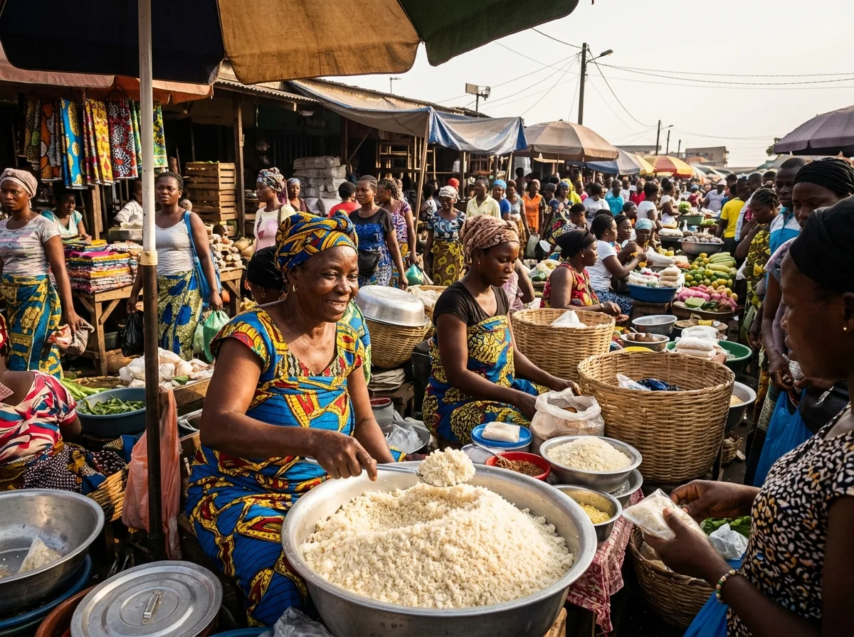 アビジャンの市場でアチェケを販売する活気ある風景。カラフルな布を纏った女性たちが大きなボウルで販売している