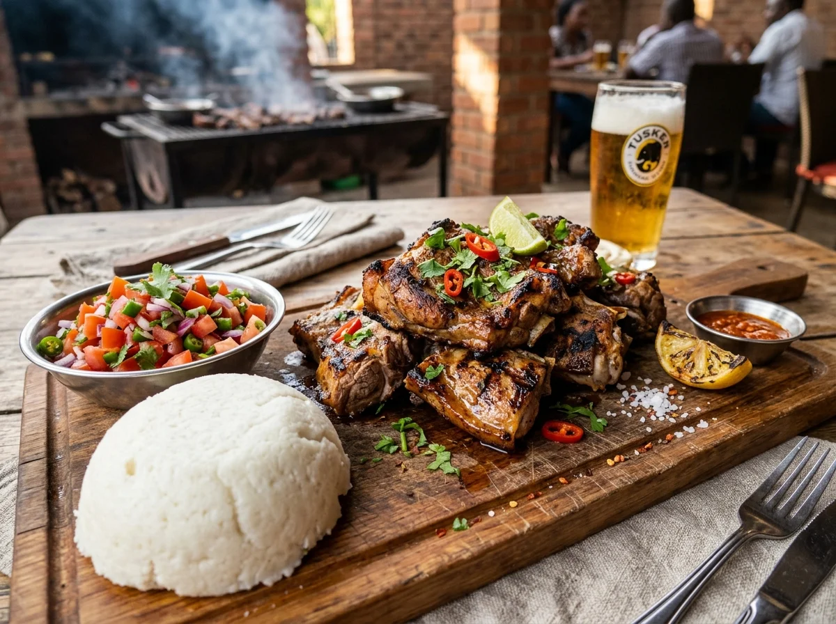 ケニアの国民食ニャマチョマ。炭火で焼かれたヤギ肉がまな板の上で切り分けられている
