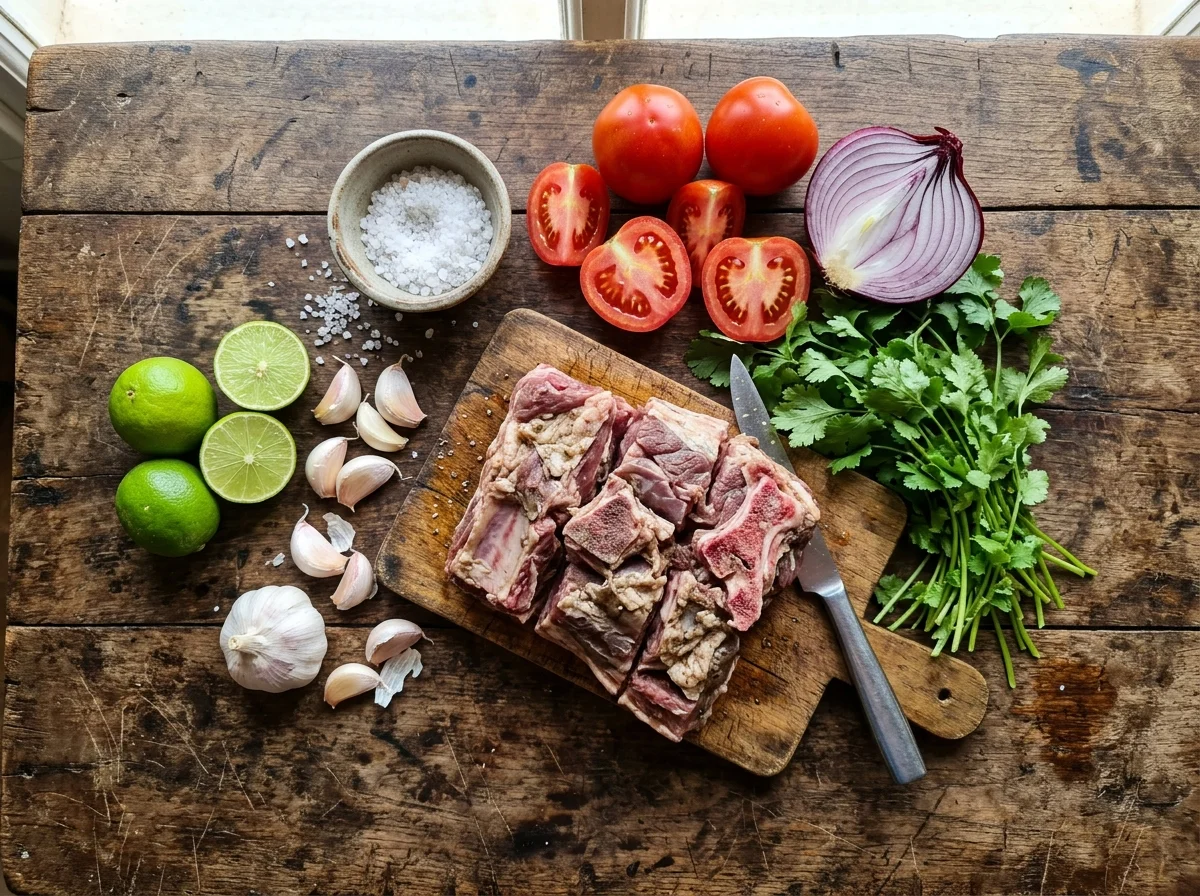ニャマチョマの材料。ヤギ肉ブロック、ライム、にんにく、トマト、コリアンダー