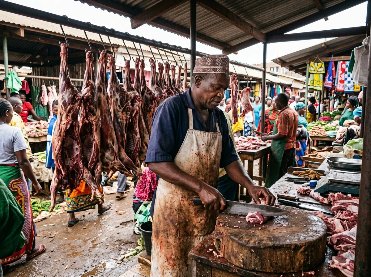 ケニアの市場で売られるヤギ肉