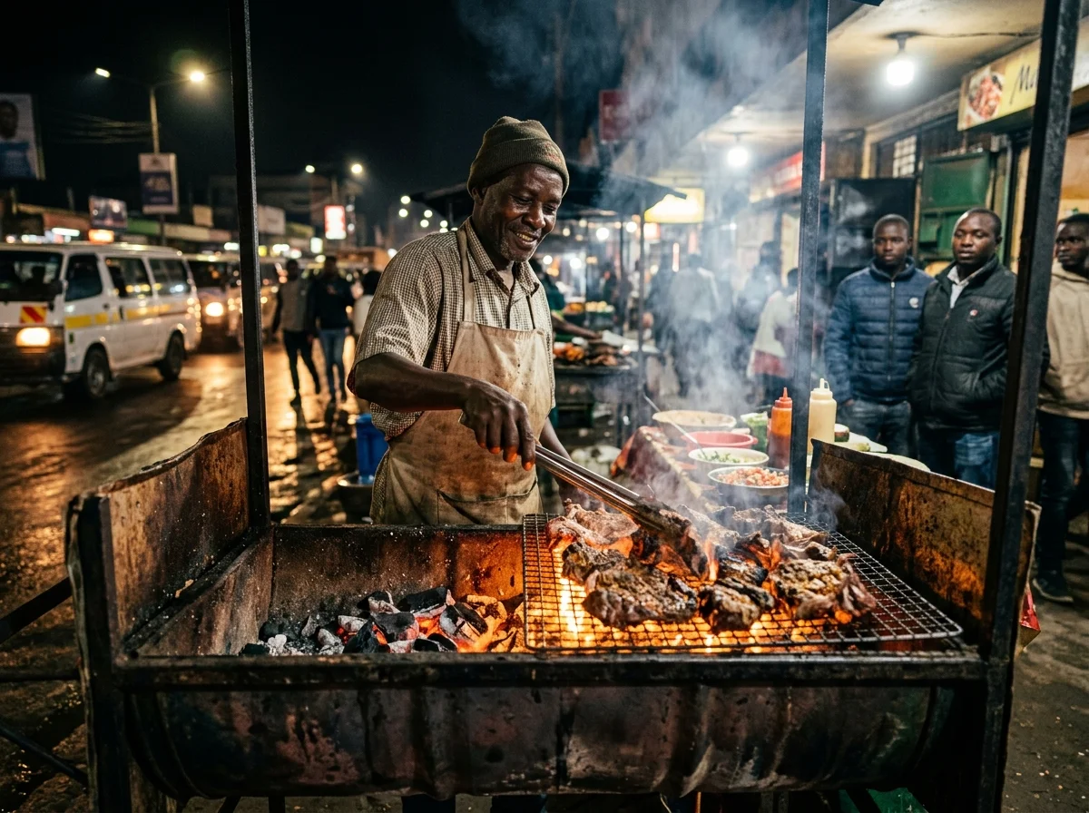 ケニアのニャマチョマ屋。炭火の上で肉が焼かれている路上風景