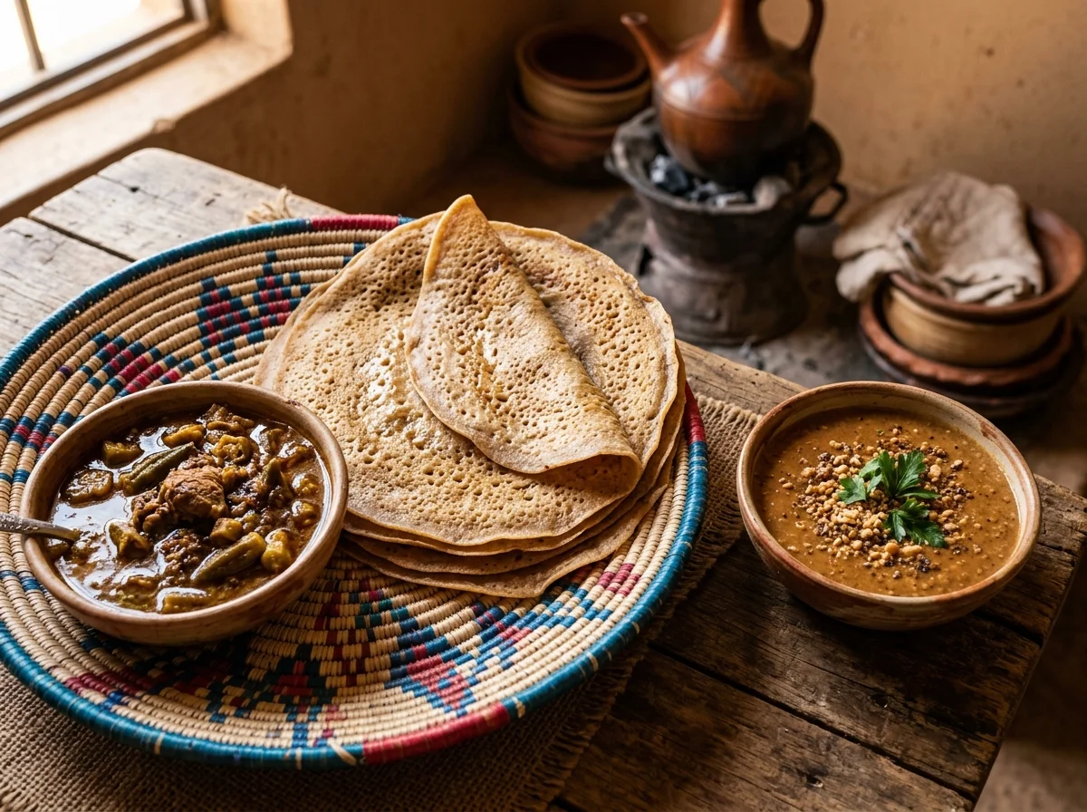 スーダンの国民食キスラ。薄い発酵ソルガムクレープにシチューを添えた伝統的な一皿
