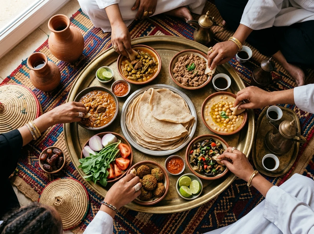 スーダンの食卓に並ぶキスラのバリエーション。ソルガム版とキビ粉版が並んでいる