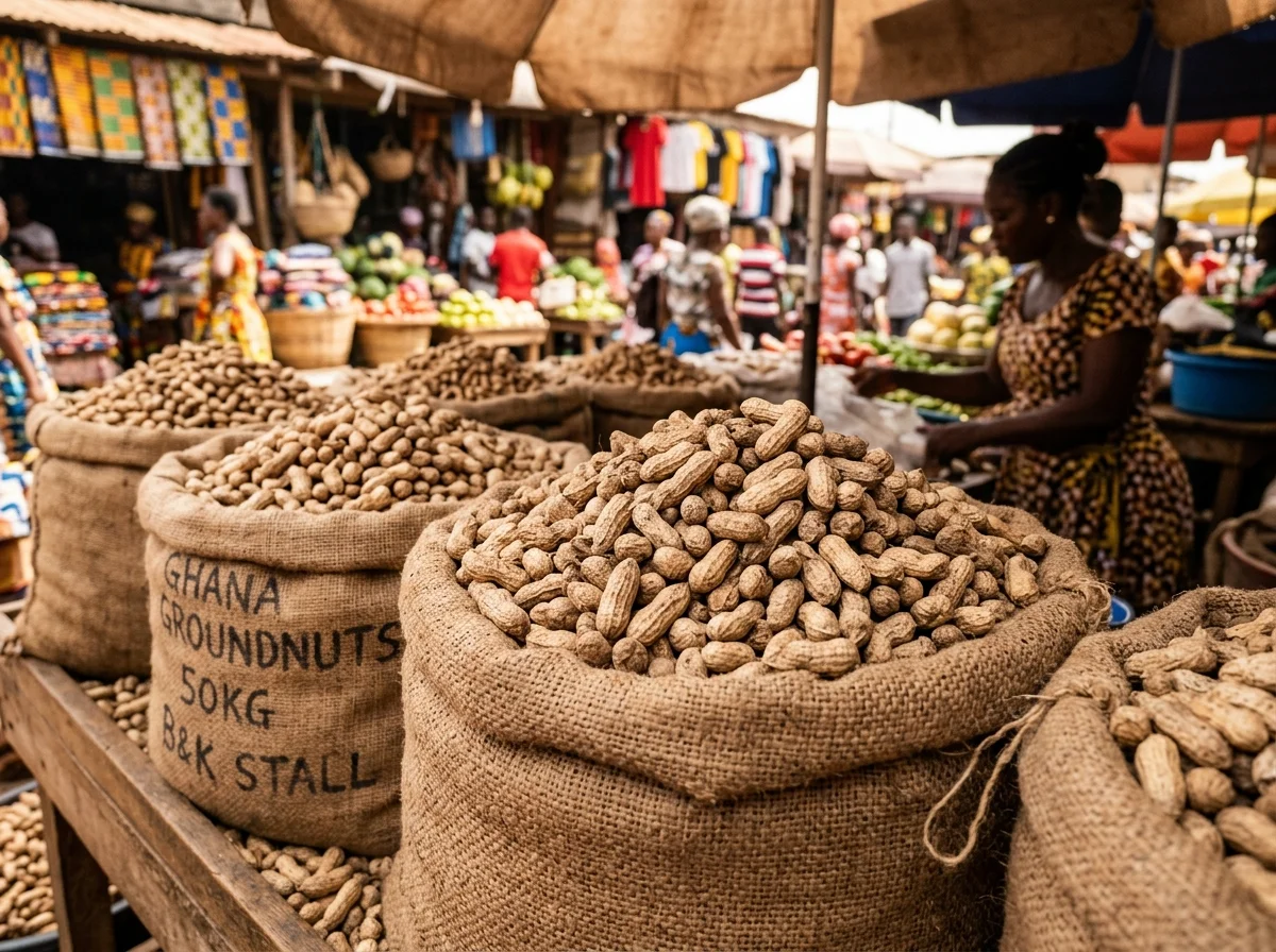 西アフリカの市場でピーナッツが山積みにされている