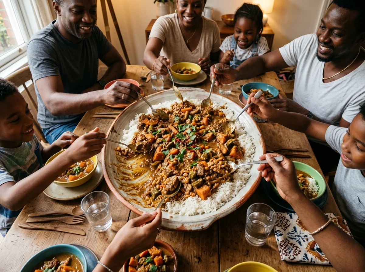 西アフリカの食卓。大皿を囲んで家族がマフェを食べている