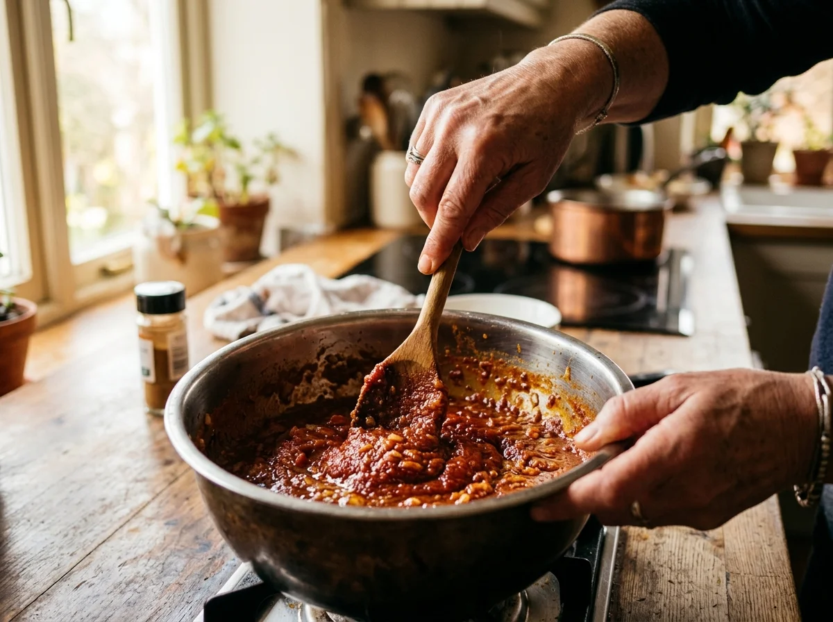 手順2: 同じ鍋で玉ねぎのみじん切りを炒める。しんなりしたらにんにくと生姜のすりおろしを加え、香りが立つまで1分炒める