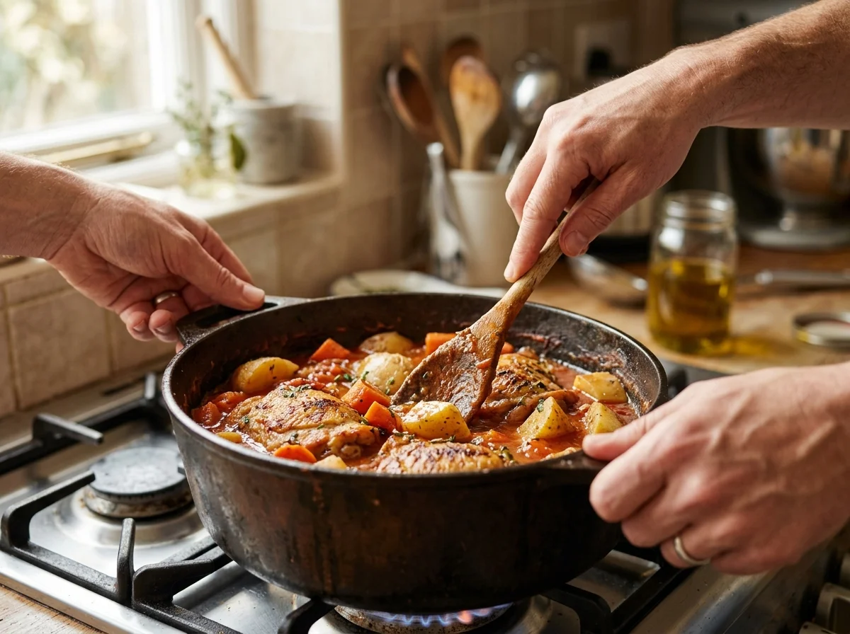 手順4: ピーナッツバターを加え、水600mlを少しずつ注ぎながらダマにならないように混ぜる。ローリエとマギーブイヨンを加える