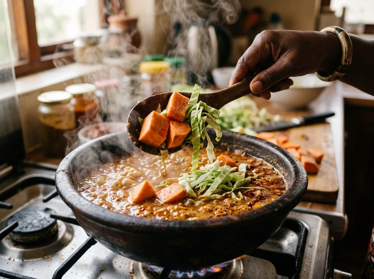 手順6: さつまいも、キャベツ、オクラを加え、さらに15分煮込む。塩・唐辛子で味を調えて完成