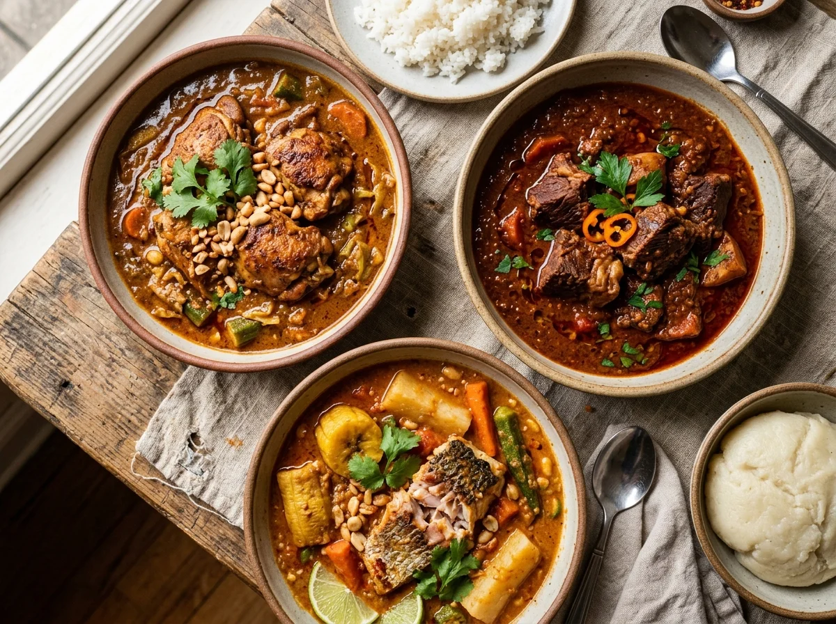 マフェの異なるバリエーションが3皿並んでいる