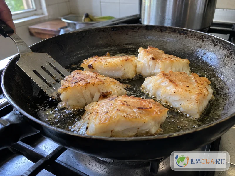 手順1: 魚を揚げ焼きにする（約6分）