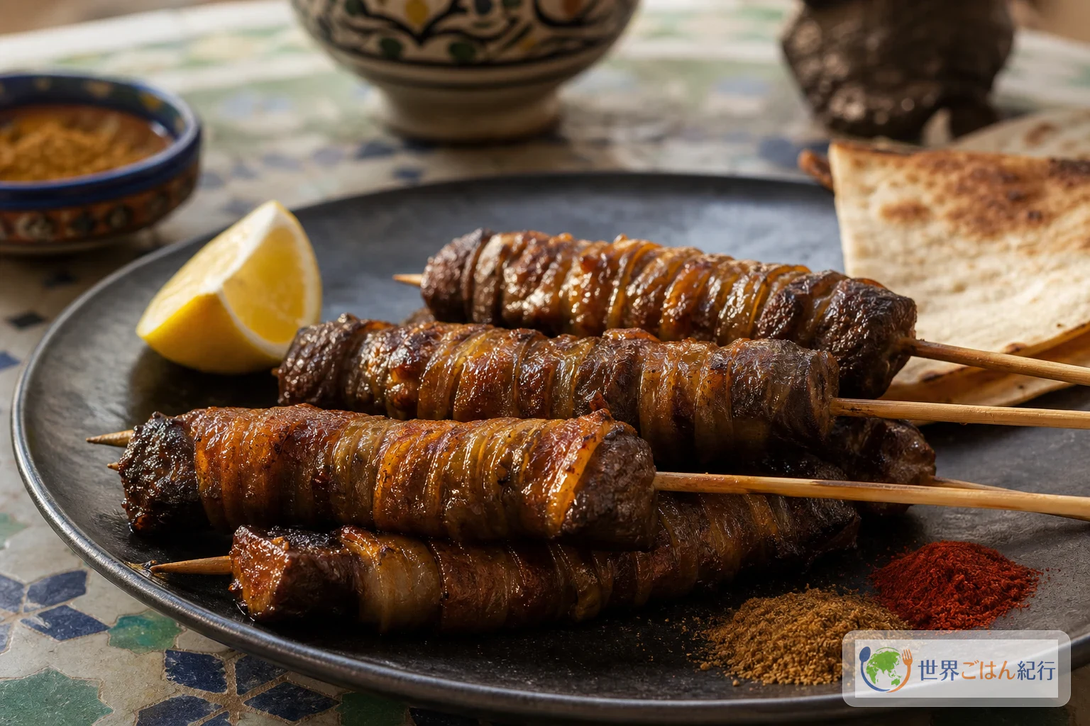 腸で巻いたアリーチェの串焼きを皿に盛った完成写真
