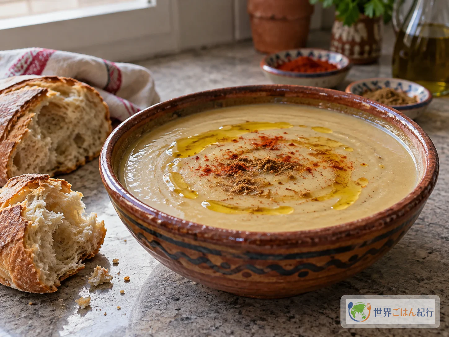 Tigela de bissara liso de favas secas com azeite de oliva, cominho e páprica