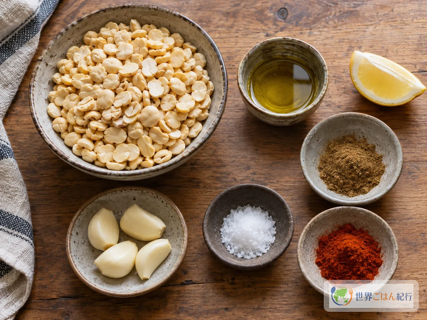 Habas partidas sin piel, ajo, comino, pimentón y aceite, los ingredientes del bissara
