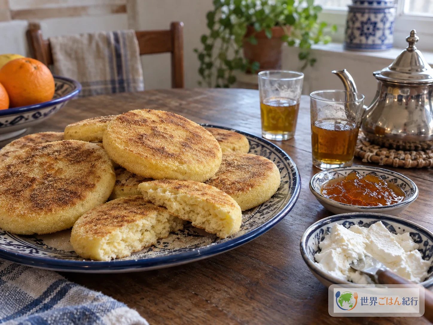 ハルシャにジャムとチーズを別添えにしたモロッコの茶の時間の食卓