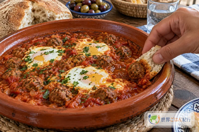 タジン鍋のケフタ・ムカウラを、丸いパンをちぎってすくう食卓