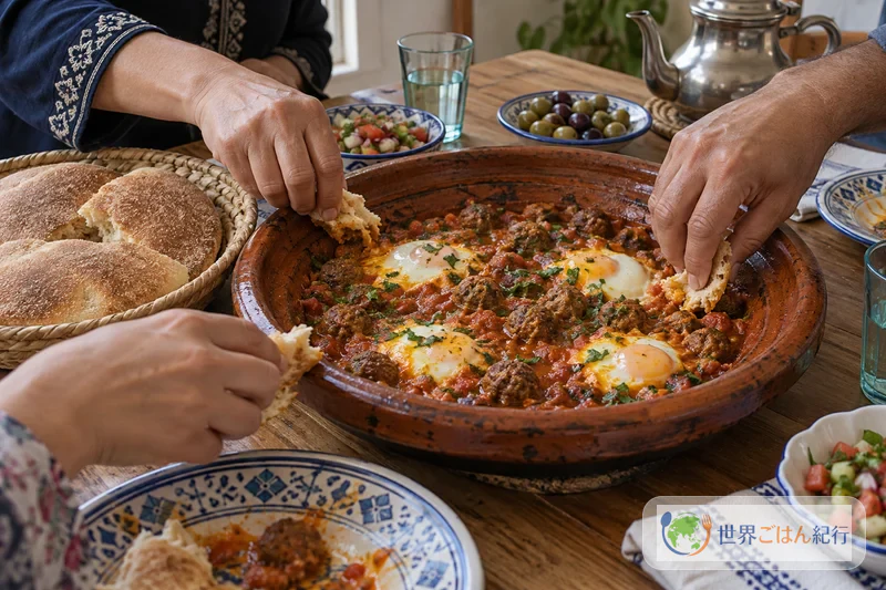 モロッコの家庭の食卓で、タジン鍋を囲みパンでソースをすくって食べる様子