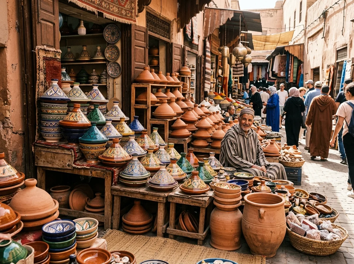 モロッコの市場でタジン鍋が並ぶ光景。様々な色の陶器が積み上げられている