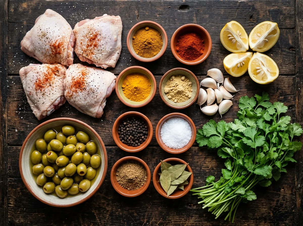 チキンタジンの材料一式。スパイス、鶏肉、レモン、オリーブが並んでいる