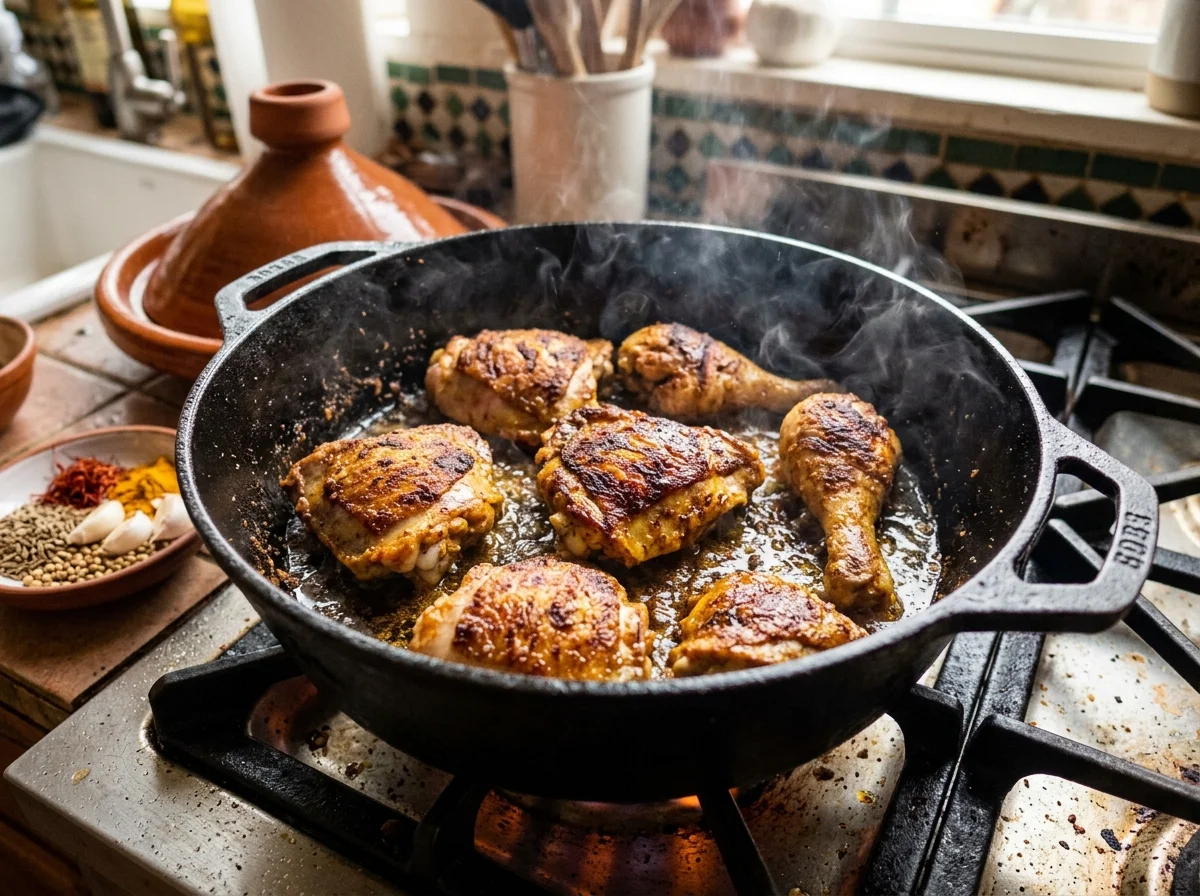 タジン鍋で鶏肉の皮面を焼いている様子。美しい黄金色の焦げ目がついている
