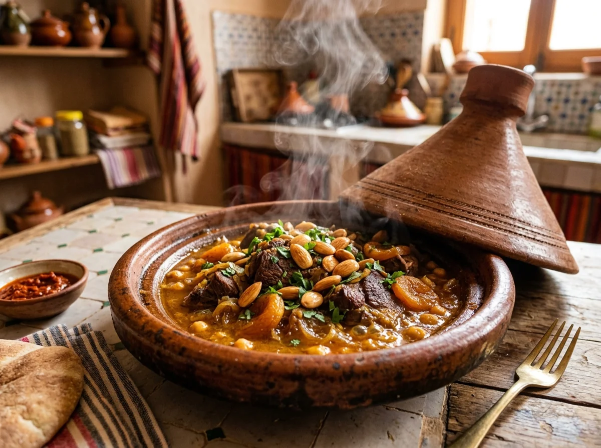 角切りにしたラム肩肉とスパイス類。モロッコ料理の準備風景