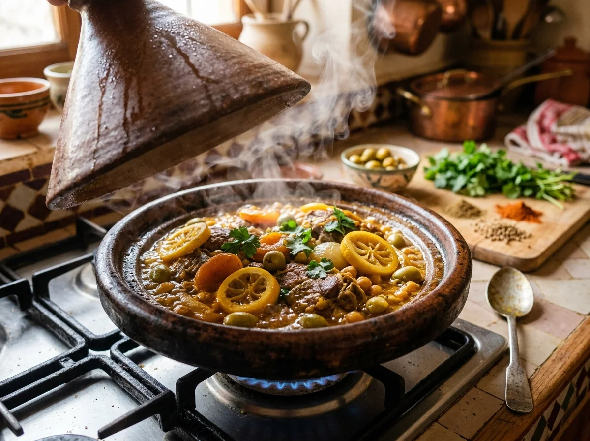 ラムタジンの煮込み途中。スパイスのスープが沸々している様子