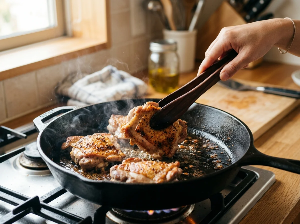 タジン鍋で肉を焼きつける工程