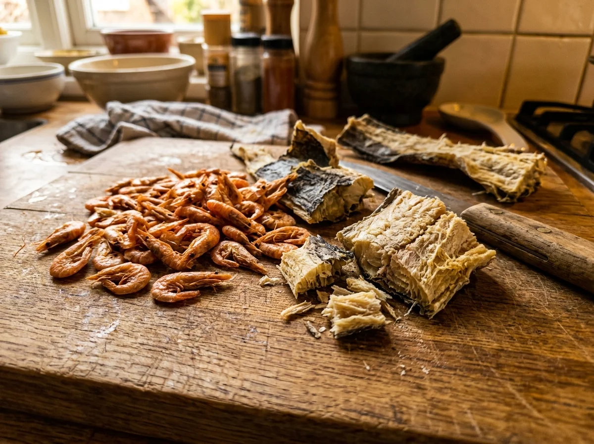 干しエビとストックフィッシュ。ンドレの旨みの源となる乾物類