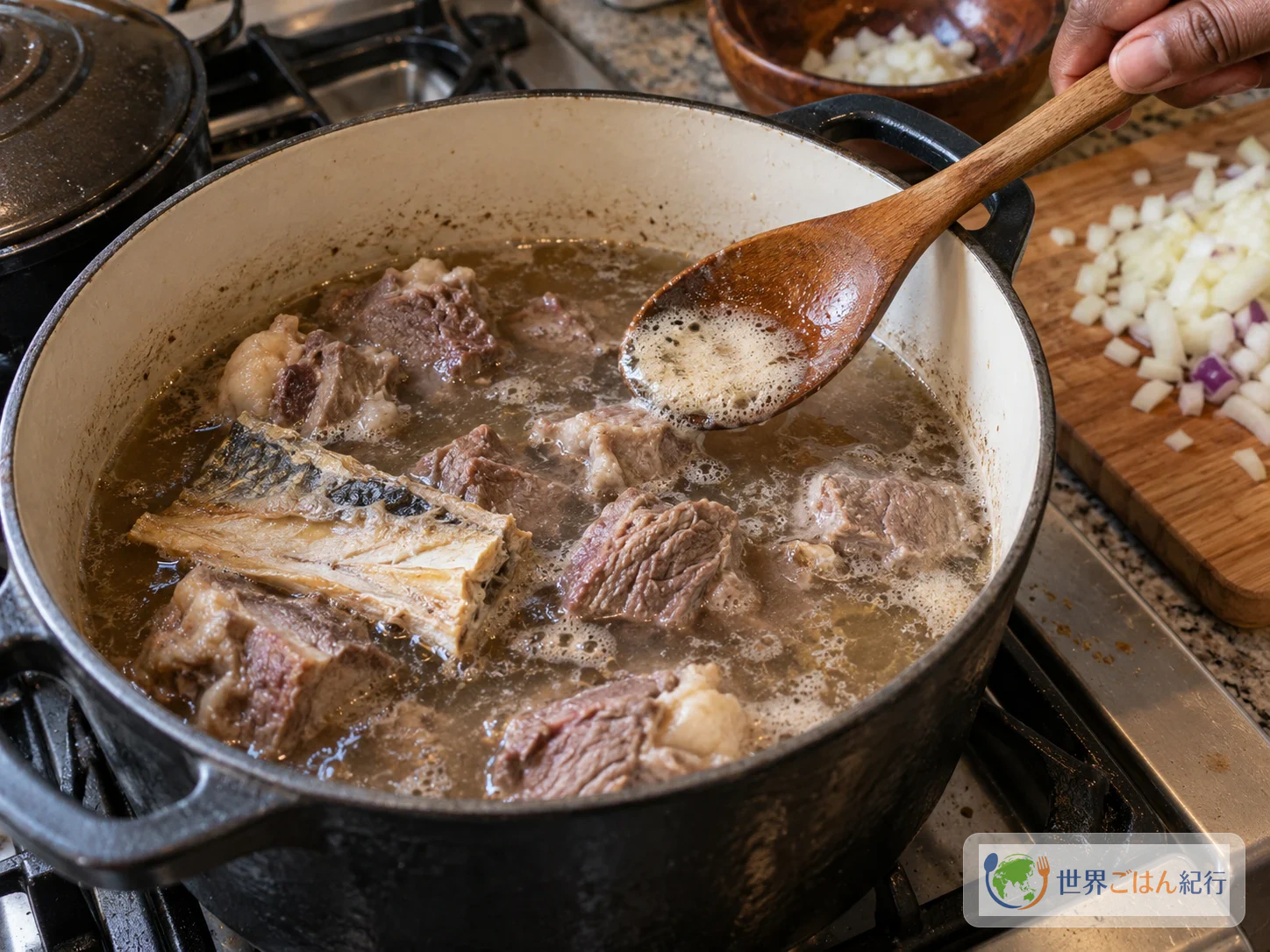 手順2: 牛肉とストックフィッシュを少量の水で煮る